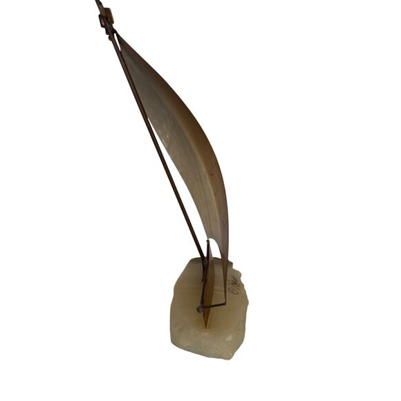 VTG John Demott Signed Mid Century Brass Sailboat Sculpture Onyx Quartz - Picture 2 of 8
